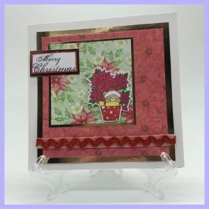 Poinsettia bear handcrafted Christmas card front