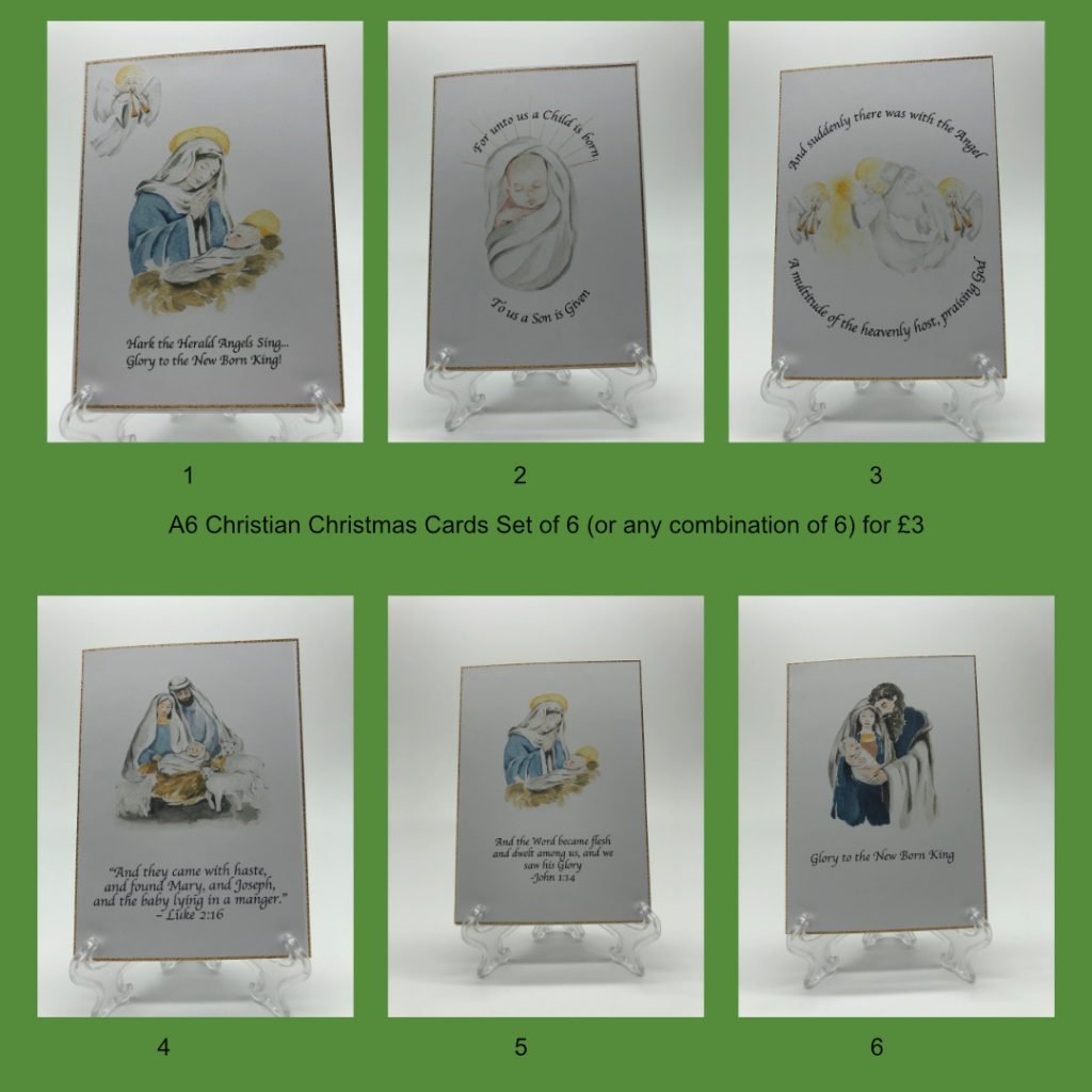 An image of six nativity based handcrafted Christmas Cards