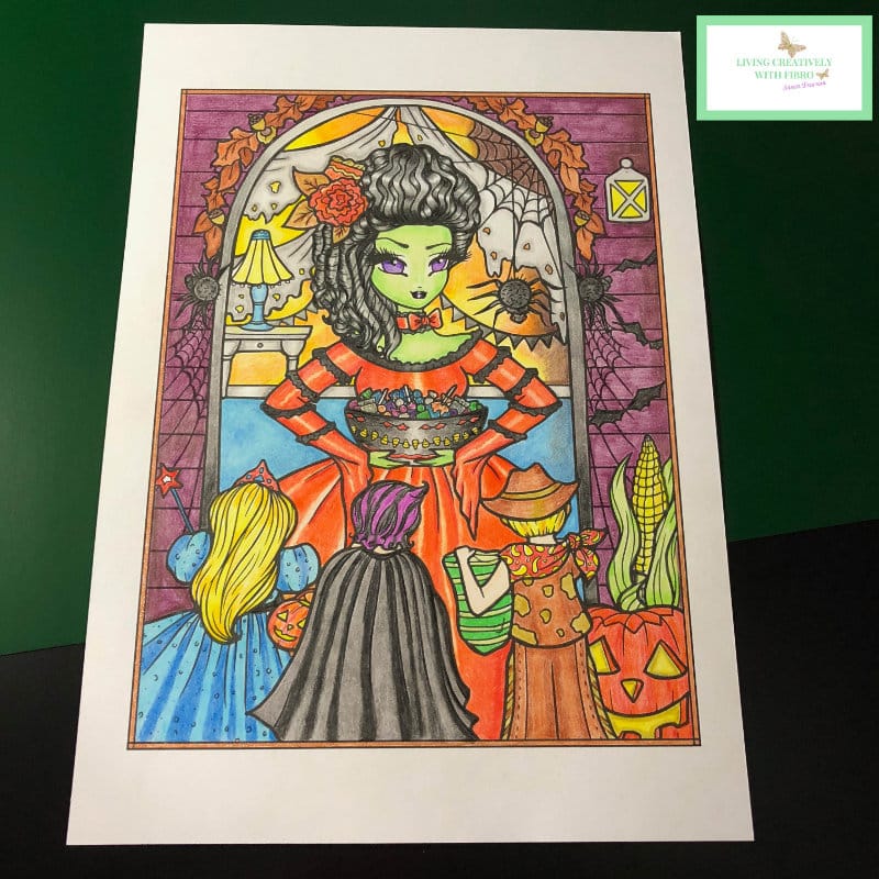 A Halloween image I coloured with coloured pencils, an example of adult colouring.