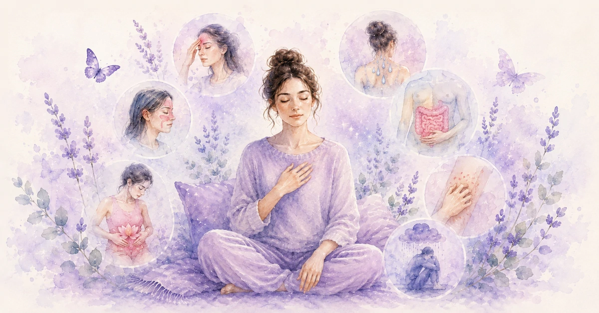 Watercolour illustration of a woman surrounded by subtle visual cues for headaches, sinus symptoms, sweating, IBS, painful periods, itching and low mood alongside Fibromyalgia.