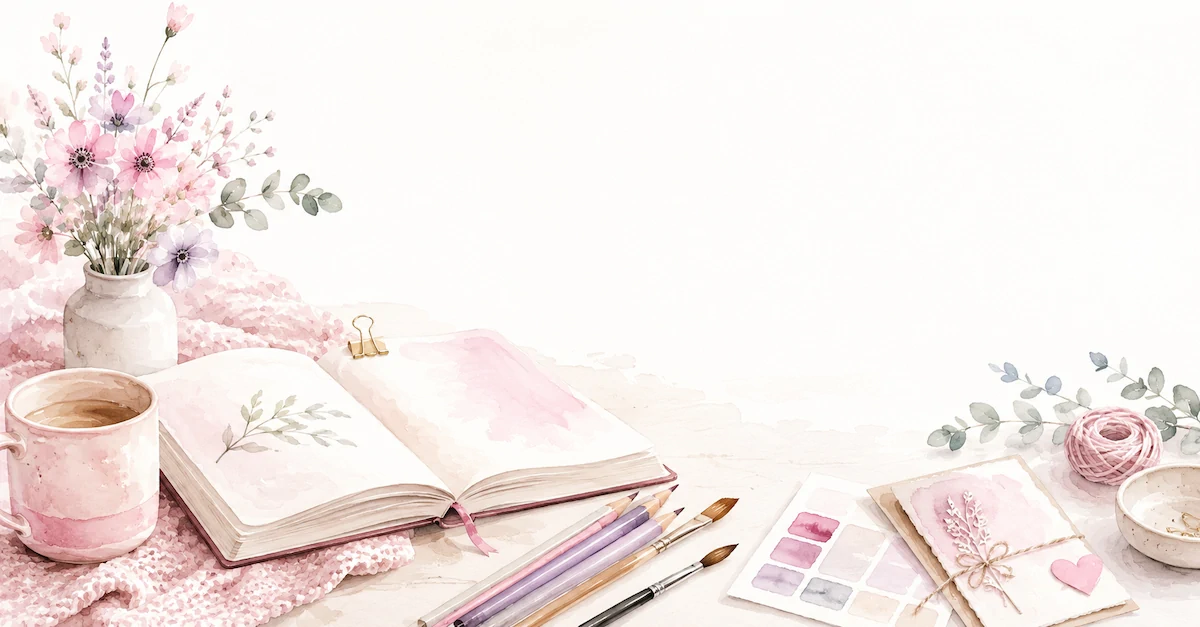 Colourful paint swirls in yellow, pink, blue & green with brushes & bottles on white surface, showing creative mess.