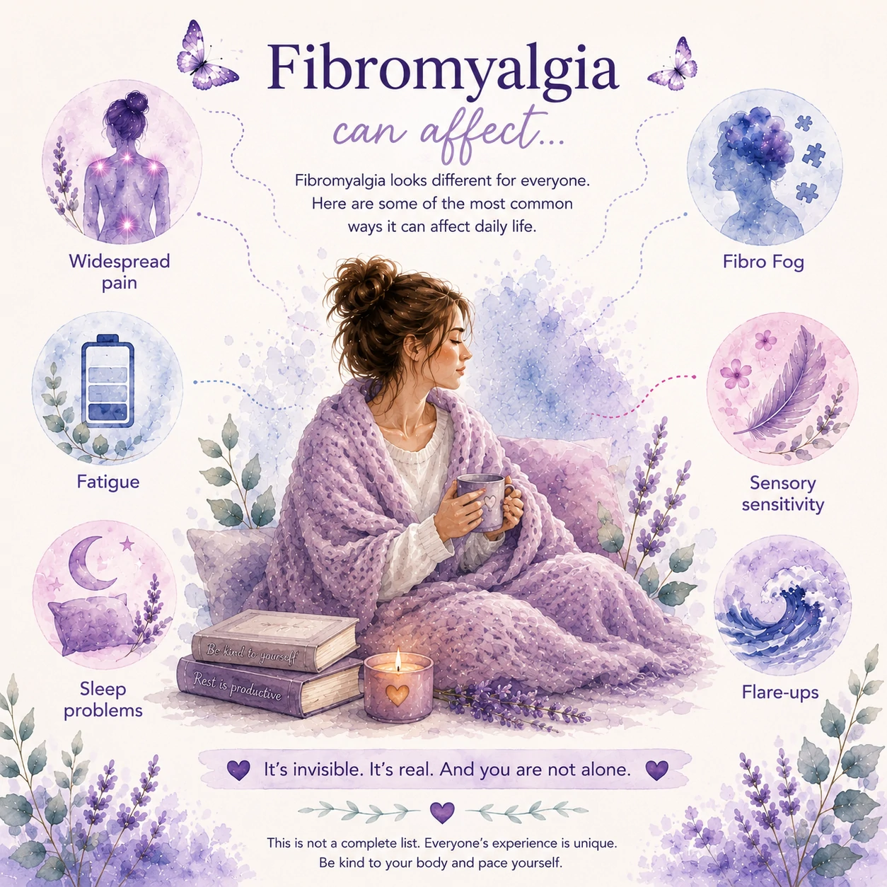 Visual guide showing ways Fibromyalgia can affect someone, including widespread pain, fatigue, sleep problems, Fibro Fog, sensory sensitivity and flare-ups.
