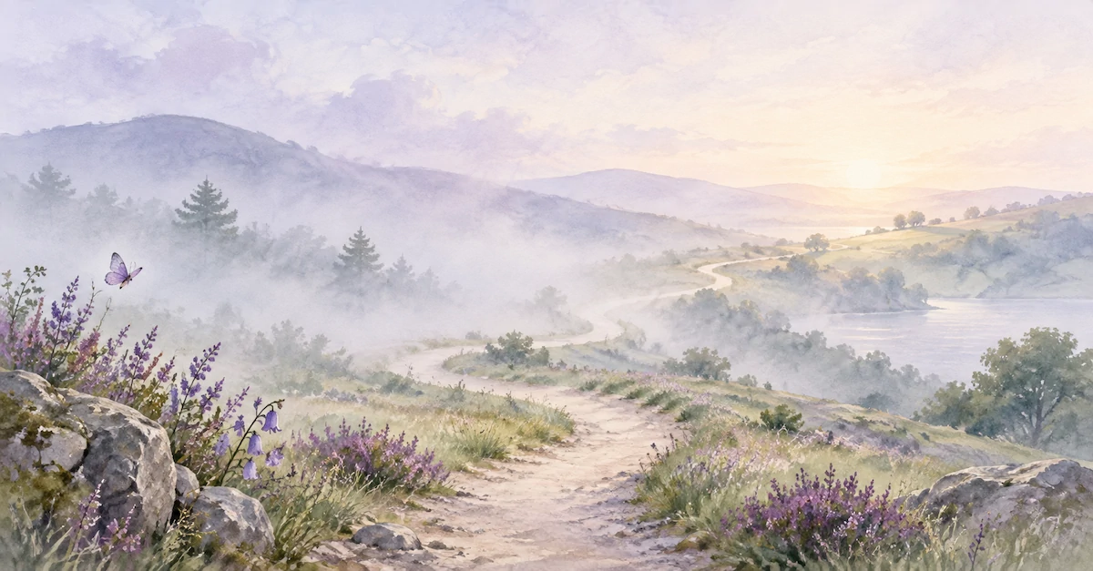Watercolour illustration of a winding path through misty hills with purple wildflowers and a butterfly, leading towards clearer light in the distance.