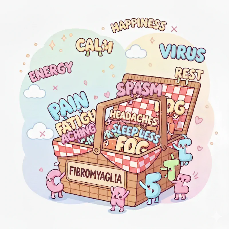 Open picnic basket labelled 'Fibromyalgia' packed with symptom words like Pain, Fatigue, Fog; crossed-out Calm, Happiness, Virus float above; cute letters play outside on pastel clouds.