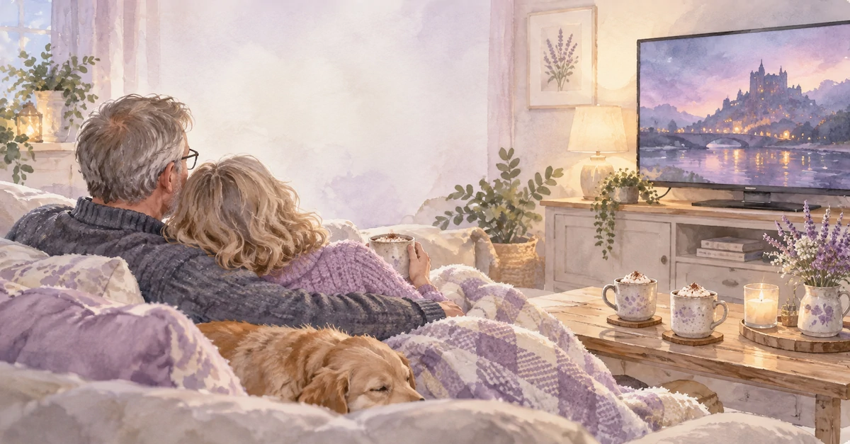 from-fit-to-fibro-husbands-perspective-watching-tv Couple relaxing together on a sofa with hot chocolate while watching a film on TV