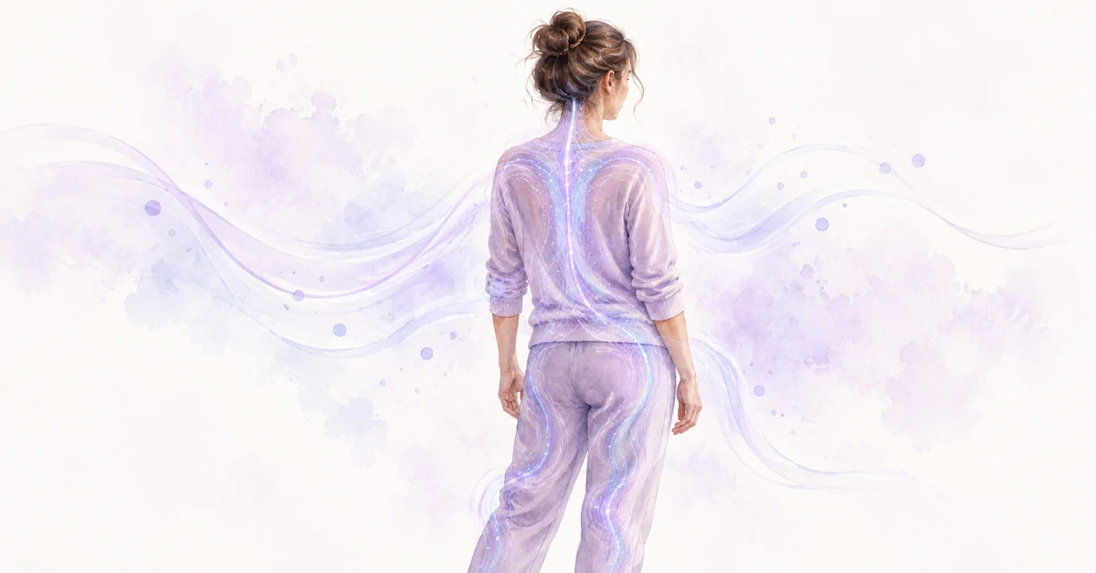 Watercolour illustration of a woman seen from behind with soft purple and blue sensory waves flowing through her body.