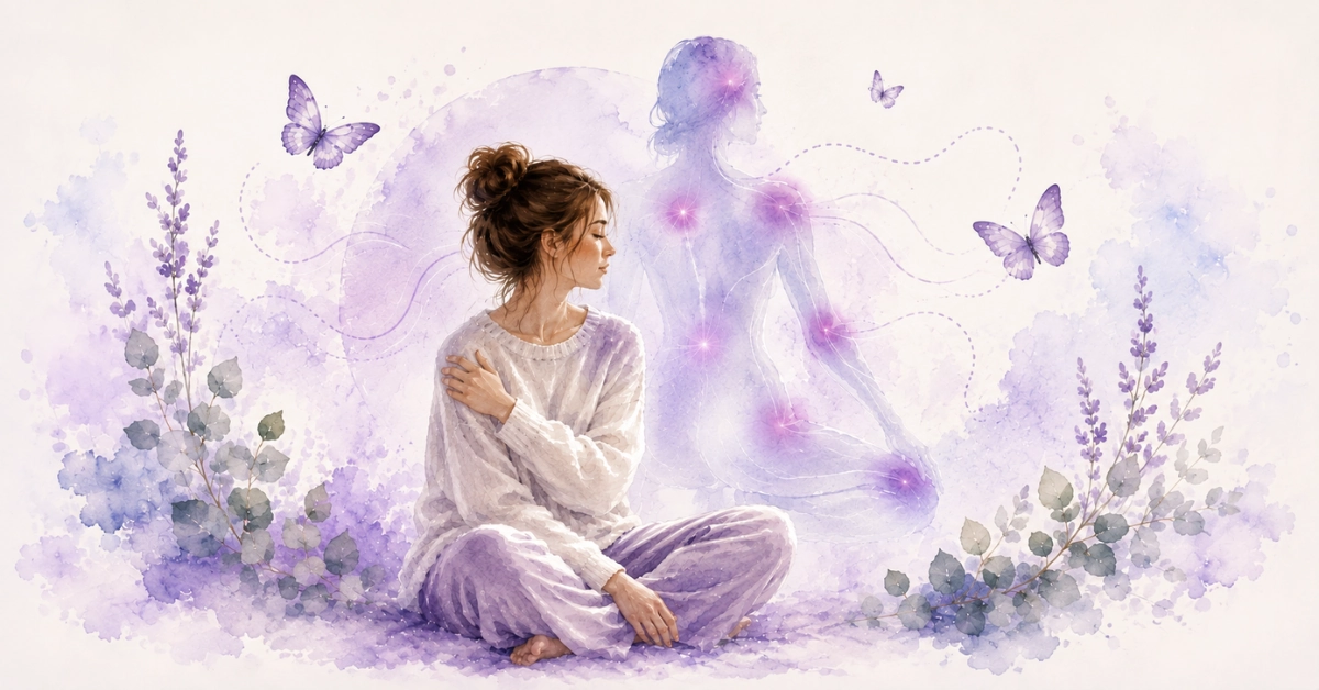 Watercolour illustration of a woman with a silhouette showing widespread pain associated with Fibromyalgia.