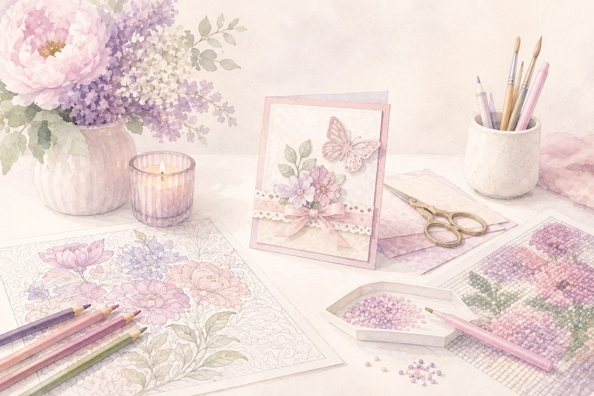 Watercolour illustration of adult colouring, cardmaking and diamond painting supplies arranged on a white craft table.