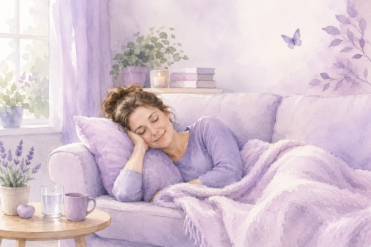 Woman resting on a sofa in a soft purple watercolour illustration representing Fibromyalgia