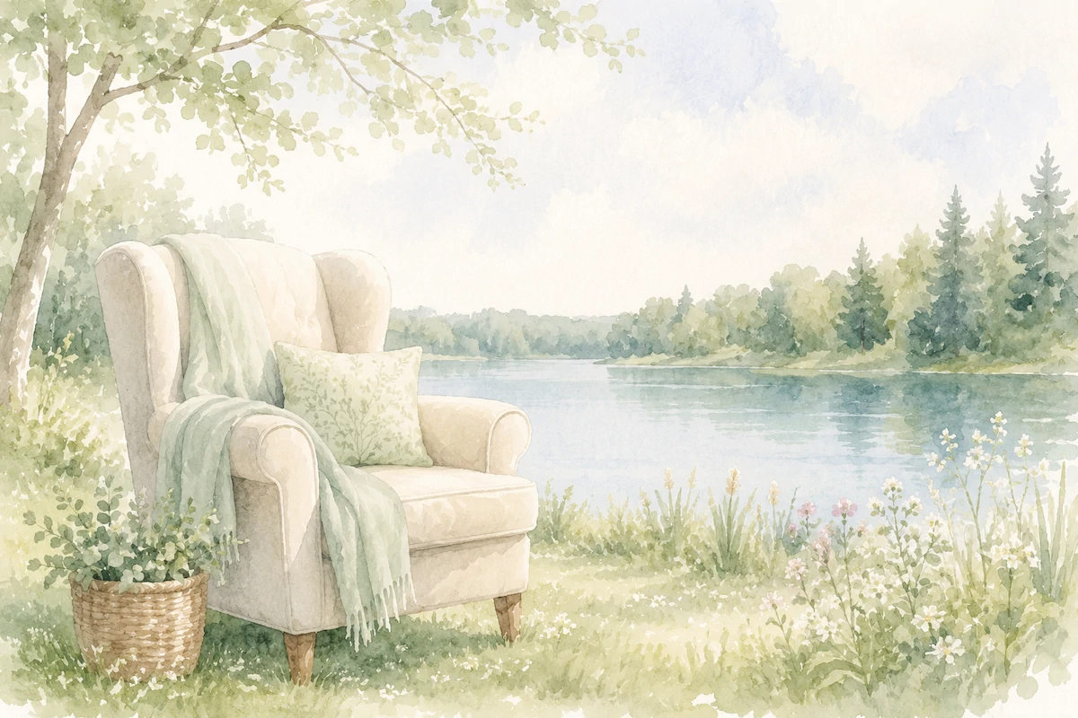 Watercolour illustration of a cosy armchair beside a peaceful lake, representing comfort wherever it is needed.
