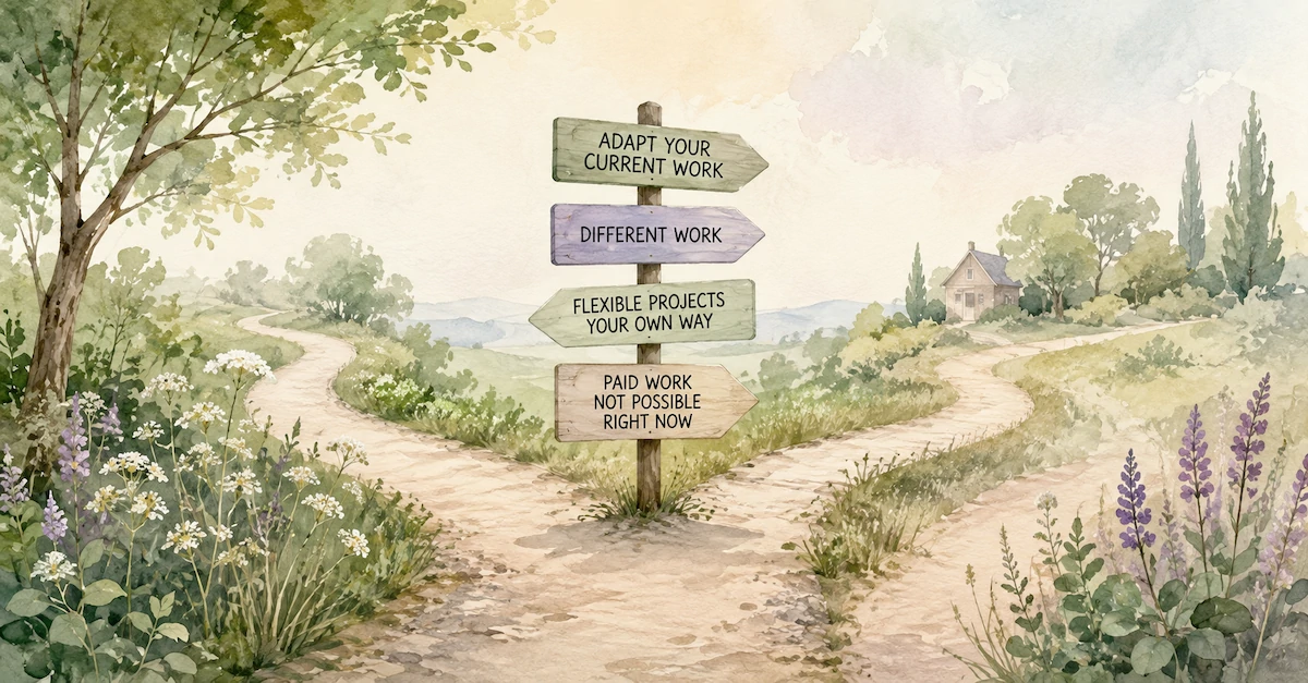 Watercolour illustration of a signpost at branching paths showing different ways work can change with Fibromyalgia.