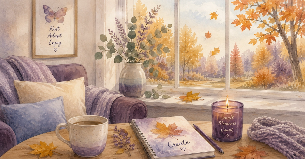 Watercolour illustration of a cosy room with a purple armchair, warm drink and creative supplies overlooking colourful autumn trees.