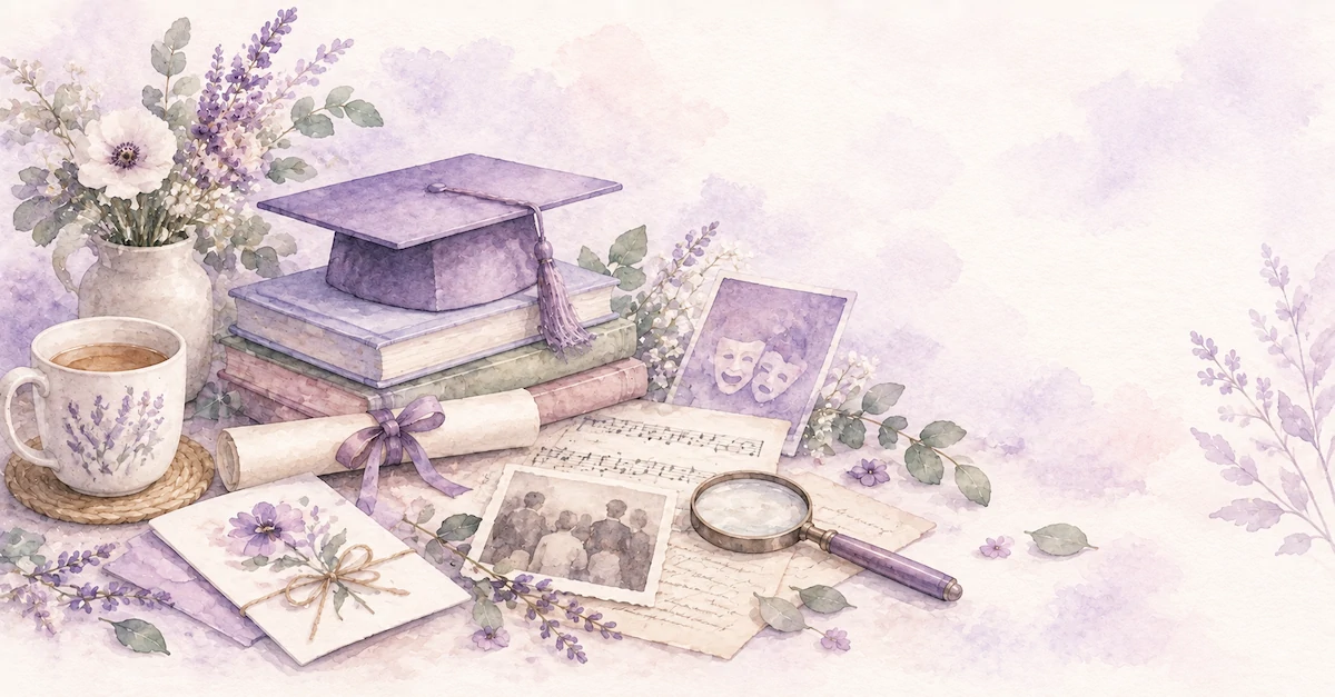 Watercolour still life with books, a graduation cap, sheet music, family history photographs and a handmade card.