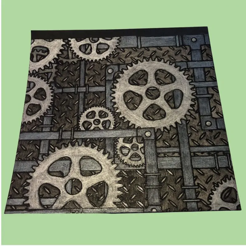 Intricate steampunk gears illustration drawn using Spectrum Sparkle pencils on diamond-plate background – ideal low-energy craft for fibromyalgia flares.
