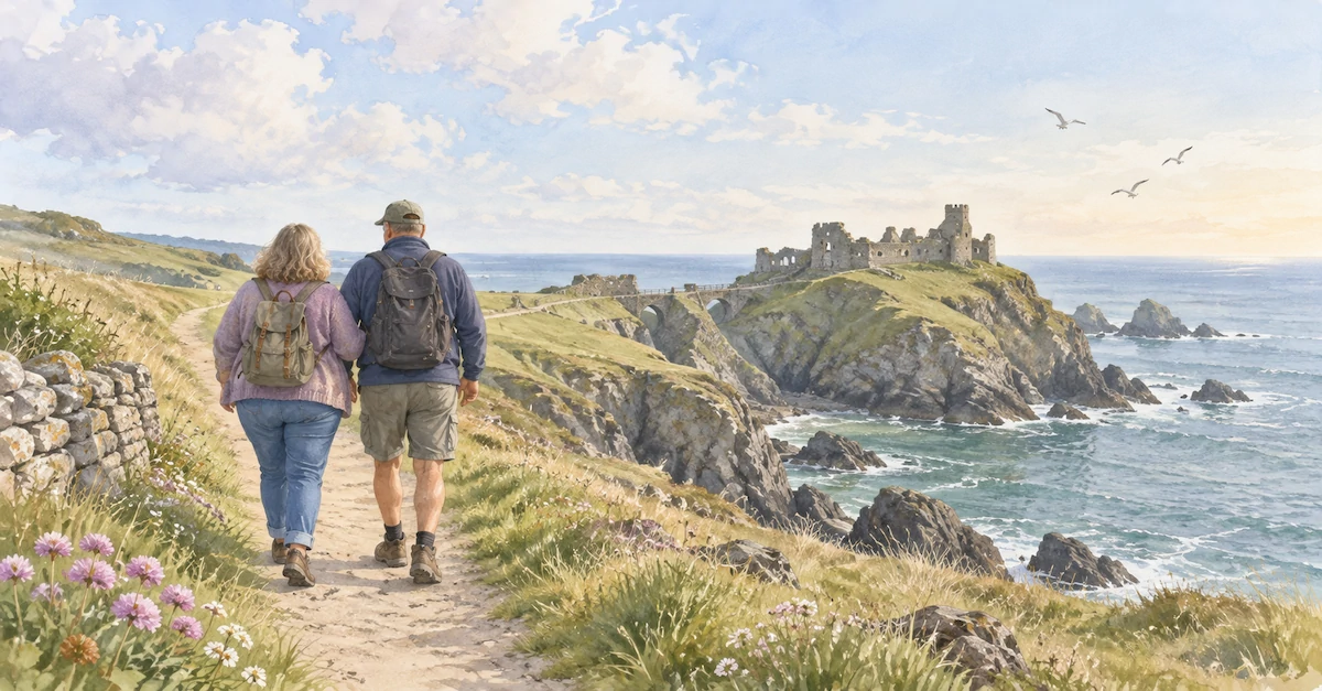 Watercolour illustration of a fuller-bodied couple walking along a coastal path towards a ruined cliff-top castle.