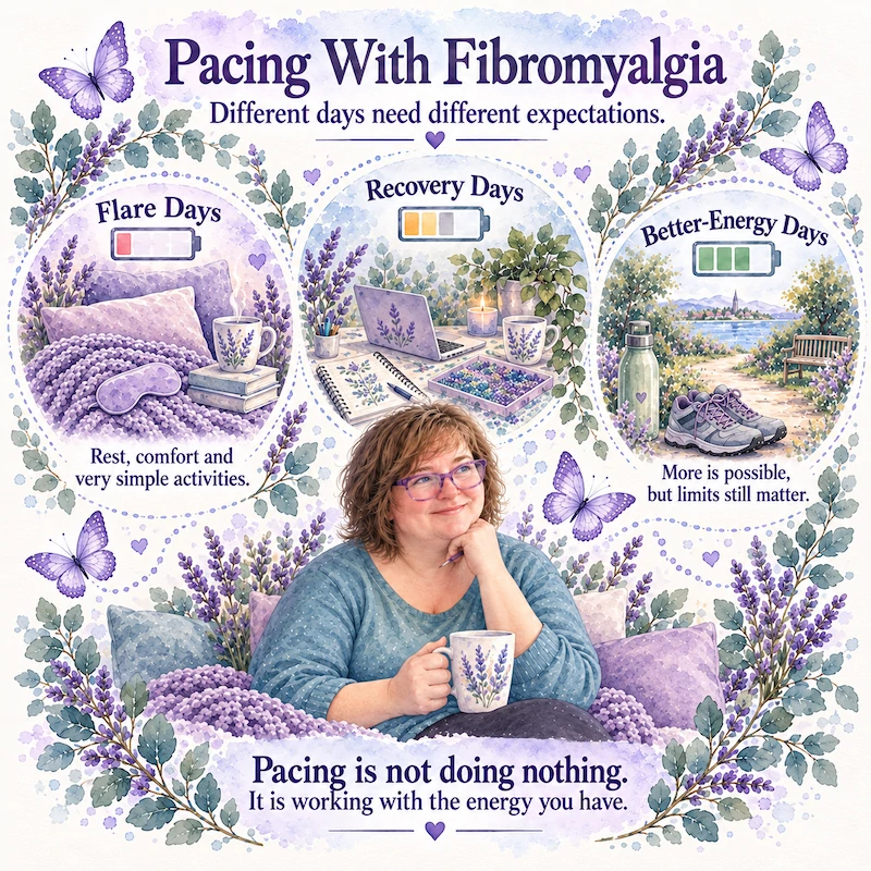 Square watercolour infographic showing Susan and three pacing levels with Fibromyalgia: flare days, recovery days and better-energy days.