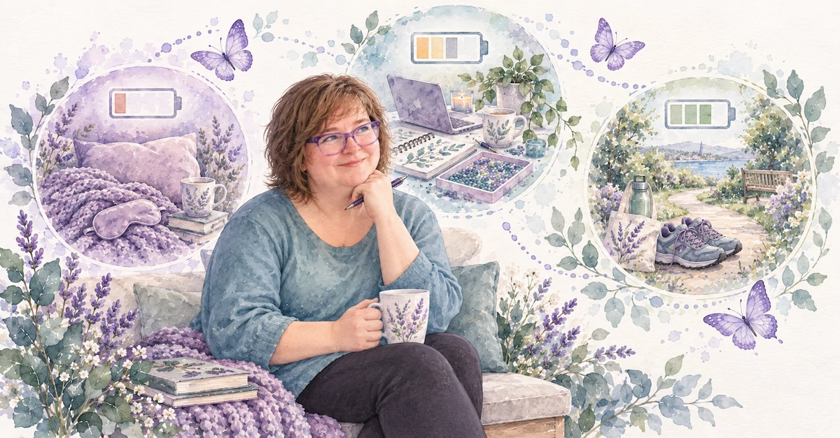 Watercolour illustration of Susan with symbols for different energy levels, showing pacing with Fibromyalgia through rest, gentle activities and better-energy days.