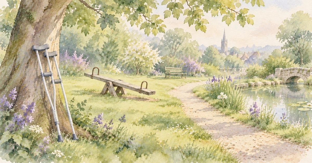 Watercolour illustration of crutches leaning against a tree in a peaceful park, with a seesaw, winding path and pond nearby.